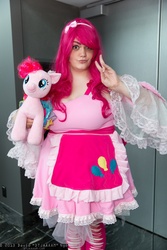 Size: 1365x2048 | Tagged: safe, artist:dtjaaaam, pinkie pie, human, g4, anime revolution, apron, clothes, cosplay, irl, irl human, photo, plushie, solo
