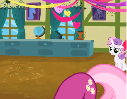 Size: 695x540 | Tagged: safe, screencap, cheerilee, sweetie belle, pony, g4, hearts and hooves day (episode), animated, cropped, female, floppy ears, hearts and hooves day, mouth hold, offscreen character, ponyville schoolhouse, ribbon