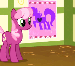 Size: 513x450 | Tagged: safe, screencap, cheerilee, sweetie belle, twist, pony, g4, hearts and hooves day (episode), animated, blindfold, cheeribetes, cute, duo focus, female, foal, hearts and hooves day, offscreen character, pin the heart on the pony, ponyville schoolhouse, twistabetes