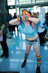 Size: 1365x2048 | Tagged: safe, artist:geekeryandsuch, rainbow dash, human, g4, anime expo, belly button, clothes, convention, cosplay, goggles, irl, irl human, midriff, photo, rainbow socks, socks, striped socks, wristband