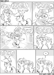 Size: 944x1294 | Tagged: safe, artist:capnpea, applejack, shining armor, twilight sparkle, alicorn, earth pony, pony, unicorn, comic:three apples, g4, blatant lies, comic, epic wife tossing, fastball special, female, male, mare, medal, monochrome, stallion, twilight sparkle (alicorn)