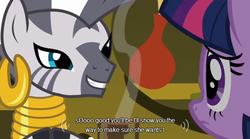 Size: 640x355 | Tagged: safe, screencap, twilight sparkle, zecora, zebra, g4, magic duel, my little pony: friendship is magic, meme, youtube caption