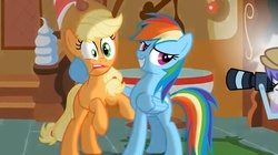 Size: 911x511 | Tagged: safe, screencap, applejack, rainbow dash, snappy scoop, g4, the mysterious mare do well