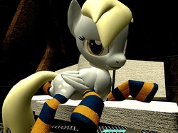 Size: 1024x768 | Tagged: safe, artist:rewirken, derpy hooves, pegasus, pony, g4, 3d, bedroom eyes, clothes, female, gmod, mare, socks, solo, striped socks, tardis