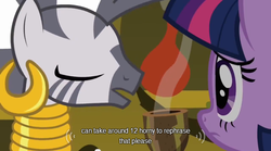 Size: 640x355 | Tagged: safe, screencap, twilight sparkle, zecora, zebra, g4, magic duel, meme, youtube caption