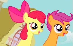 Size: 612x392 | Tagged: safe, screencap, apple bloom, scootaloo, earth pony, pony, g4, hearts and hooves day (episode), season 2, adorabloom, animated, bust, cute, cutealoo, duo, female, filly, foal, headbob, hearts and hooves day, long neck, meme origin, portrait, the perfect stallion