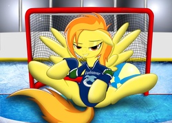 Size: 1680x1200 | Tagged: safe, artist:spitshy, spitfire, pegasus, pony, g4, beach ball, bedroom eyes, bottomless, canada, clothes, covering, female, grin, hockey, hockey net, ice, ice rink, jersey, looking at you, mare, nhl, pinup, sitting, smiling, smiling at you, solo, sports, spread legs, spread wings, spreading, stupid sexy spitfire, vancouver canucks, wings