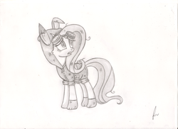 Size: 2338x1700 | Tagged: safe, artist:ulisesdarklight, fluttershy, pegasus, pony, g4, bunny ears, clothes, dangerous mission outfit, female, goggles, hoodie, mare, solo, traditional art