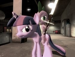 Size: 900x675 | Tagged: safe, artist:cartoonlion, artist:rewirken, spike, twilight sparkle, dragon, pony, g4, 3d, female, gmod, male, mare, sword