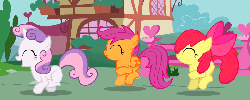 Size: 800x322 | Tagged: safe, screencap, apple bloom, scootaloo, sweetie belle, pony, unicorn, g4, adorabloom, animated, cute, cutealoo, diasweetes, female, loop, pronking, skipping