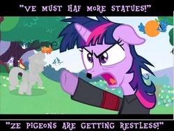 Size: 480x360 | Tagged: safe, applejack, twilight sparkle, bird, g4, caption, military uniform, purple text, statue