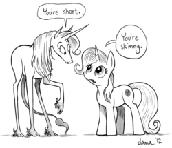 Size: 500x430 | Tagged: safe, artist:pedantia, oc, classical unicorn, pony, unicorn, cloven hooves, crossover, eye contact, female, grayscale, height difference, horn, horse-pony interaction, leonine tail, looking at each other, mare, marigold heavenly nostrils, monochrome, not rarity, open mouth, phoebe and her unicorn, raised hoof, self ponidox, simple background, unshorn fetlocks, white background, wide eyes