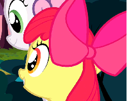 Size: 679x540 | Tagged: safe, screencap, apple bloom, sweetie belle, earth pony, pony, g4, hearts and hooves day (episode), adorabloom, animated, cropped, cute, duo, female, hearts and hooves day, lip bite, smiling