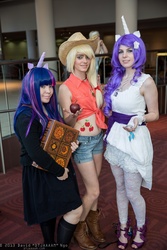 Size: 1365x2048 | Tagged: safe, artist:allyxcat3, artist:lost-in-eyes-of-blue, artist:lunasakamoto, applejack, rarity, twilight sparkle, human, g4, comic con, convention, cosplay, dcc, fan expo denver, irl, irl human, photo