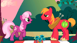 Size: 800x450 | Tagged: safe, screencap, big macintosh, cheerilee, earth pony, pony, g4, hearts and hooves day (episode), season 2, animated, heart, hearts and hooves day, jumping, male, nose wrinkle, prancing, pronking, stallion, trotting, trotting in place