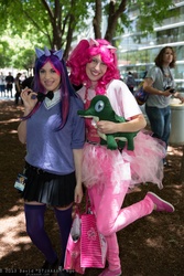 Size: 1365x2048 | Tagged: safe, artist:dtjaaaam, pinkie pie, twilight sparkle, human, g4, bowtie, clothes, cosplay, fanimecon, irl, irl human, photo, tutu