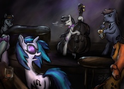Size: 2100x1500 | Tagged: safe, artist:acreuball, dj pon-3, octavia melody, vinyl scratch, g4, cello, cigarette, cover art, fanfic, female, lesbian, musical instrument, nightclub, piano, ponified, saxophone, shipping, smoking