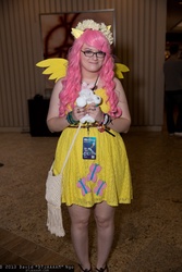 Size: 1365x2048 | Tagged: artist needed, safe, fluttershy, human, g4, cosplay, floral head wreath, glasses, irl, irl human, momocon, photo, plushie, solo