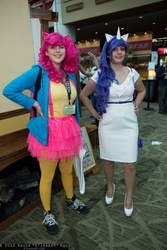 Size: 1365x2048 | Tagged: safe, artist:dtjaaaam, pinkie pie, rarity, human, g4, clothes, convention, cosplay, ears, emerald city comic con, horn, irl, irl human, photo, tutu