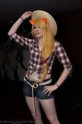 Size: 1365x2048 | Tagged: artist needed, safe, applejack, human, g4, aki con, belly button, belly piercing, bellyring, cosplay, front knot midriff, irl, irl human, midriff, photo, piercing, solo