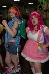 Size: 1365x2048 | Tagged: safe, artist:avalon cosplay, artist:avalon-cosplay, artist:blossoming cosplay, gummy, pinkie pie, rainbow dash, human, g4, clothes, comic con, convention, cosplay, fingerless gloves, gloves, goggles, irl, irl human, new york comic con, pet, photo, plushie, scarf, suspenders