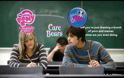 Size: 720x451 | Tagged: safe, edit, human, g4, analogy, caption, care bears, chalkboard, clothes, female, irl, irl human, littlest pet shop, male, meta, metaphor, my little pony logo, pencil, penny ling, photo, school