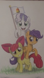 Size: 1728x3072 | Tagged: safe, artist:thefriendlyelephant, apple bloom, scootaloo, sweetie belle, g4, candy corn, cutie mark crusaders, object on drawing, photo, traditional art