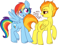 Size: 525x405 | Tagged: safe, artist:lulubell, rainbow dash, spitfire, pegasus, pony, g4, bedroom eyes, butt, dock, featureless crotch, female, innuendo, lesbian, mare, plot, seduction, ship:spitdash, shipping, simple background, tail seduce, transparent background, unshorn fetlocks