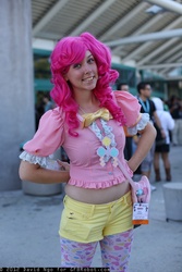 Size: 1365x2048 | Tagged: safe, artist:dtjaaaam, pinkie pie, human, g4, 2012, anime expo, bow, clothes, cosplay, harajuku tights, irl, irl human, midriff, muffin top, photo, shorts