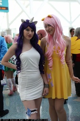 Size: 1365x2048 | Tagged: safe, artist:aiamari, artist:dtjaaaam, fluttershy, rarity, human, g4, anime expo, anime expo 2013, clothes, convention, cosplay, dress, garter, irl, irl human, photo