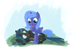 Size: 1024x722 | Tagged: safe, artist:eeveepikachuchan, princess luna, queen chrysalis, alicorn, changeling, changeling queen, nymph, pony, g4, cute, cutealis, duo, duo female, female, filly, foal, looking at each other, lunabetes, playing, woona, younger