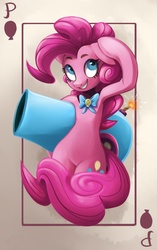 Size: 660x1050 | Tagged: dead source, safe, artist:hanabitaihou, artist:sunbusting, pinkie pie, earth pony, semi-anthro, g4, bowtie, card, female, floppy ears, party cannon, playing card, solo