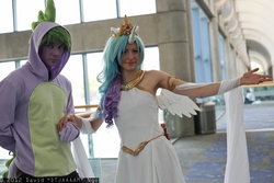 Size: 2048x1365 | Tagged: safe, artist:cosmic-empress, artist:dtjaaaam, princess celestia, spike, human, g4, clothes, cosplay, face paint, fanimecon, hoodie, irl, irl human, photo