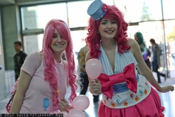 Size: 2048x1365 | Tagged: safe, artist:dtjaaaam, artist:nichichan, pinkie pie, human, g4, balloon, bow, clothes, cosplay, dress, fanimecon, gala dress, irl, irl human, photo