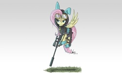 Size: 2000x1189 | Tagged: safe, artist:ncmares, fluttershy, pegasus, pony, badass, bunny ears, clothes, costume, dangerous mission outfit, female, flutterbadass, flutterspy, flying, goggles, gun, hoodie, hooves, knife, mare, optical sight, rifle, sniper, sniper rifle, snipershy, solo, spread wings, suppressor, weapon, wings