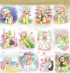 Size: 3366x3543 | Tagged: safe, artist:howxu, angel bunny, fluttershy, bellossom, pegasus, pony, semi-anthro, alternate hairstyle, anime, apron, bikini, bipedal, blushing, bunny ears, clothes, crossover, cute, dangerous mission outfit, dress, female, floppy ears, fluttershy's cottage, gala dress, goggles, hoodie, howxu is trying to murder us, mare, medic, multeity, open mouth, pokémon, shyabetes, smiling, starcraft, suit, swimsuit, wardrobe meme, wedding dress