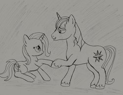 Size: 1024x798 | Tagged: safe, artist:sketch-shepherd, prince blueblood, trixie, pony, g4, duo, female, male, monochrome, ship:bluetrix, shipping, straight