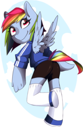 Size: 900x1368 | Tagged: safe, artist:matemi-i, rainbow dash, anthro, g4, clothes, compression shorts, female, looking back, pixiv, socks, solo