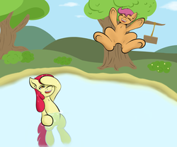 Size: 2400x2000 | Tagged: safe, artist:riscke, apple bloom, scootaloo, g4, armpits, swimming, water