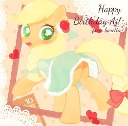 Size: 933x923 | Tagged: dead source, safe, artist:jiita, applejack, earth pony, pony, g4, alternate hairstyle, blushing, bow, braid, clothes, cute, doily, dress, female, hair bow, hairclip, jackabetes, lace, mare, pixiv, solo
