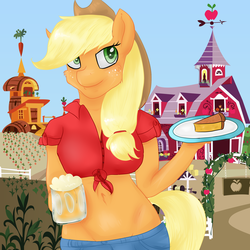 Size: 4000x4000 | Tagged: safe, artist:lisa400, applejack, earth pony, anthro, g4, belly button, breasts, busty applejack, cider, female, front knot midriff, midriff, pie, solo, sweet apple acres