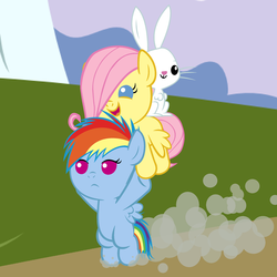 Size: 2560x2560 | Tagged: safe, artist:beavernator, angel bunny, fluttershy, rainbow dash, pony, g4, angel riding fluttershy, baby, baby dash, baby pony, babyshy, carrying, filly, flying, foal, rabbits riding ponies, riding