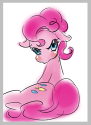 Size: 437x600 | Tagged: safe, artist:karashim, pinkie pie, g4, angry, back, blushing, female, looking back, on side, pixiv, pouting, solo