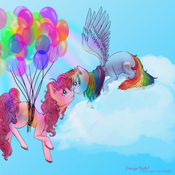 Size: 1600x1600 | Tagged: safe, artist:crazy-luna, pinkie pie, rainbow dash, earth pony, pegasus, pony, g4, balloon, boop, cloud, crepuscular rays, cute, eye contact, female, flying, lesbian, looking at each other, mare, noseboop, nuzzling, prone, raised hoof, ship:pinkiedash, shipping, smiling, spread wings, then watch her balloons lift her up to the sky, unshorn fetlocks, wings