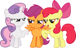 Size: 7135x4500 | Tagged: safe, artist:vaderpl, apple bloom, scootaloo, sweetie belle, earth pony, pegasus, pony, unicorn, g4, absurd resolution, cutie mark crusaders, evil smile, eye contact, female, filly, foal, grin, looking at each other, looking at someone, open mouth, open smile, raised hoof, simple background, smiling, smiling at each other, spread wings, svg, transparent background, trio, trio female, vector, wings
