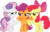 Size: 7135x4500 | Tagged: safe, artist:vaderpl, apple bloom, scootaloo, sweetie belle, earth pony, pegasus, pony, unicorn, g4, absurd resolution, cutie mark crusaders, evil smile, eye contact, female, filly, foal, grin, looking at each other, looking at someone, open mouth, open smile, raised hoof, simple background, smiling, smiling at each other, spread wings, svg, transparent background, trio, trio female, vector, wings