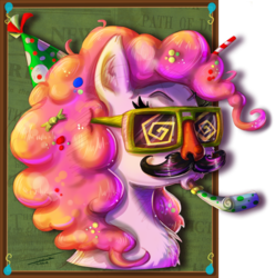 Size: 1785x1800 | Tagged: safe, artist:pimander1446, pinkie pie, g4, bust, chest fluff, female, glasses, groucho mask, hat, moustache, party hat, party horn, portrait, simple background, solo, transparent background