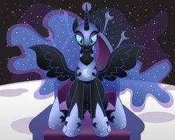 Size: 13500x10800 | Tagged: safe, artist:xniclord789x, nightmare moon, g4, absurd resolution, belly, belly button, big belly, cute, female, looking at you, moon, moonabetes, nightmother moon, pregnant, simple background, solo, throne