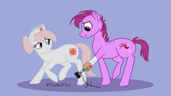 Size: 3600x2032 | Tagged: safe, artist:toodles3702, bandage pony, hard knocks, nurse redheart, g4, amputee, bandy, blue background, duo, looking down, prosthetic limb, prosthetics, raised hoof, raised leg, simple background, smiling