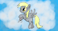 Size: 1600x860 | Tagged: safe, artist:jikho, derpy hooves, pegasus, pony, g4, cloud, cloudy, female, mare, music, solo, triangle